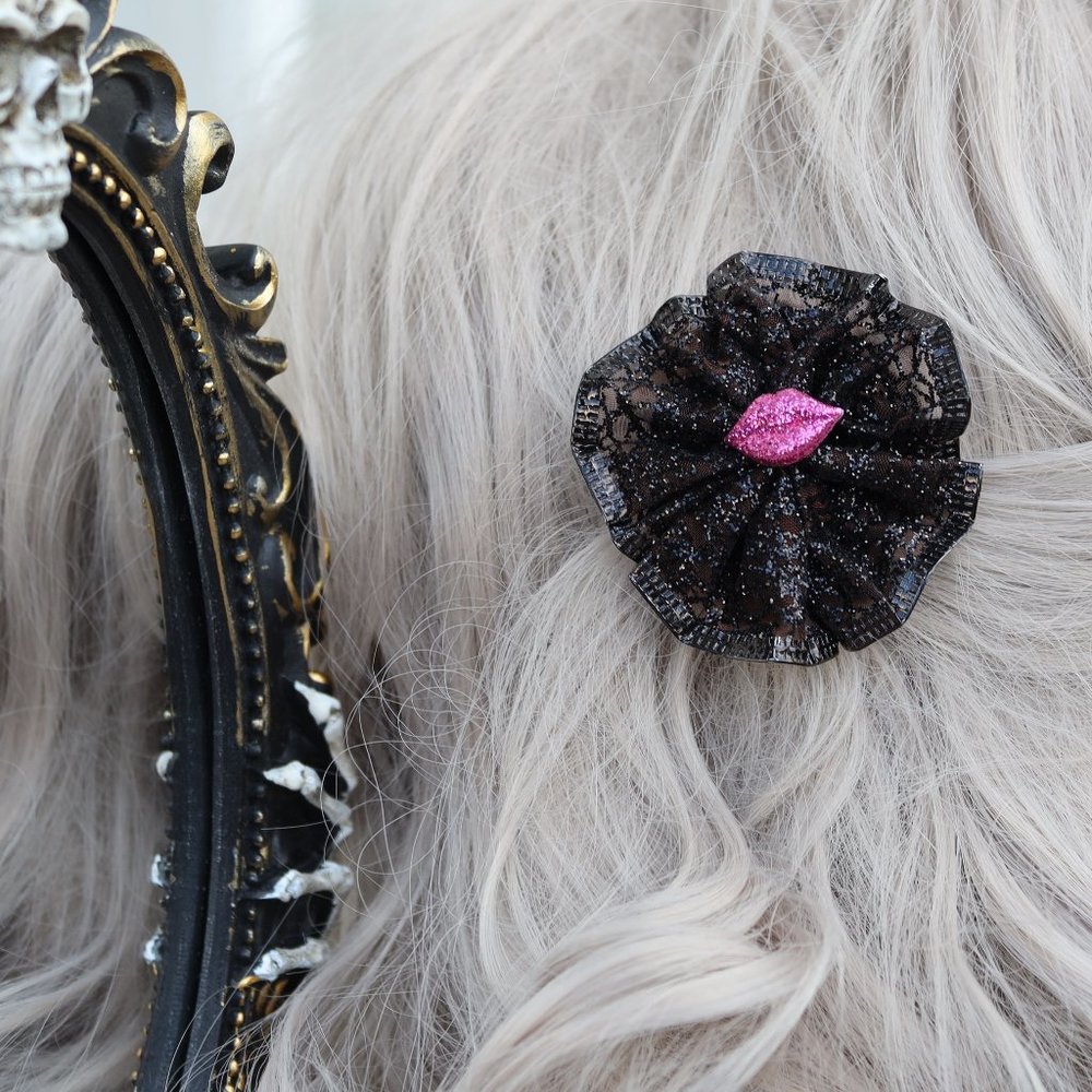New! Halloween Black Pinwheel Pink Sugar Lips Hair Clip - Hand Crafted